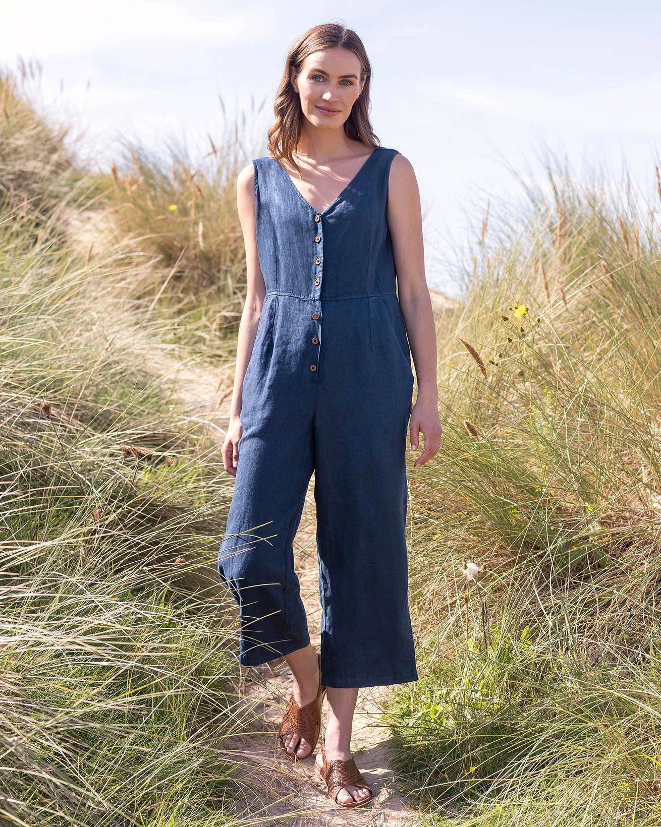 Pure Linen V Neck Sleeveless Jumpsuit 4 Pure Linen V Neck Sleeveless Jumpsuit - Image 2