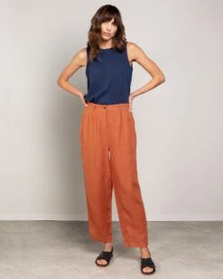 Linen Barrel Leg Pleat Detail Pants