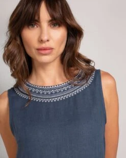 Pure Linen Embroidered Sleeveless Midi Dress -Celtic & Co 190268