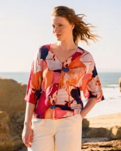 V Neck Button Through Drape Blouse