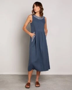 Pure Linen Embroidered Sleeveless Midi Dress -Celtic & Co 191149