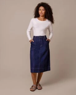Denim A Line Midi Skirt